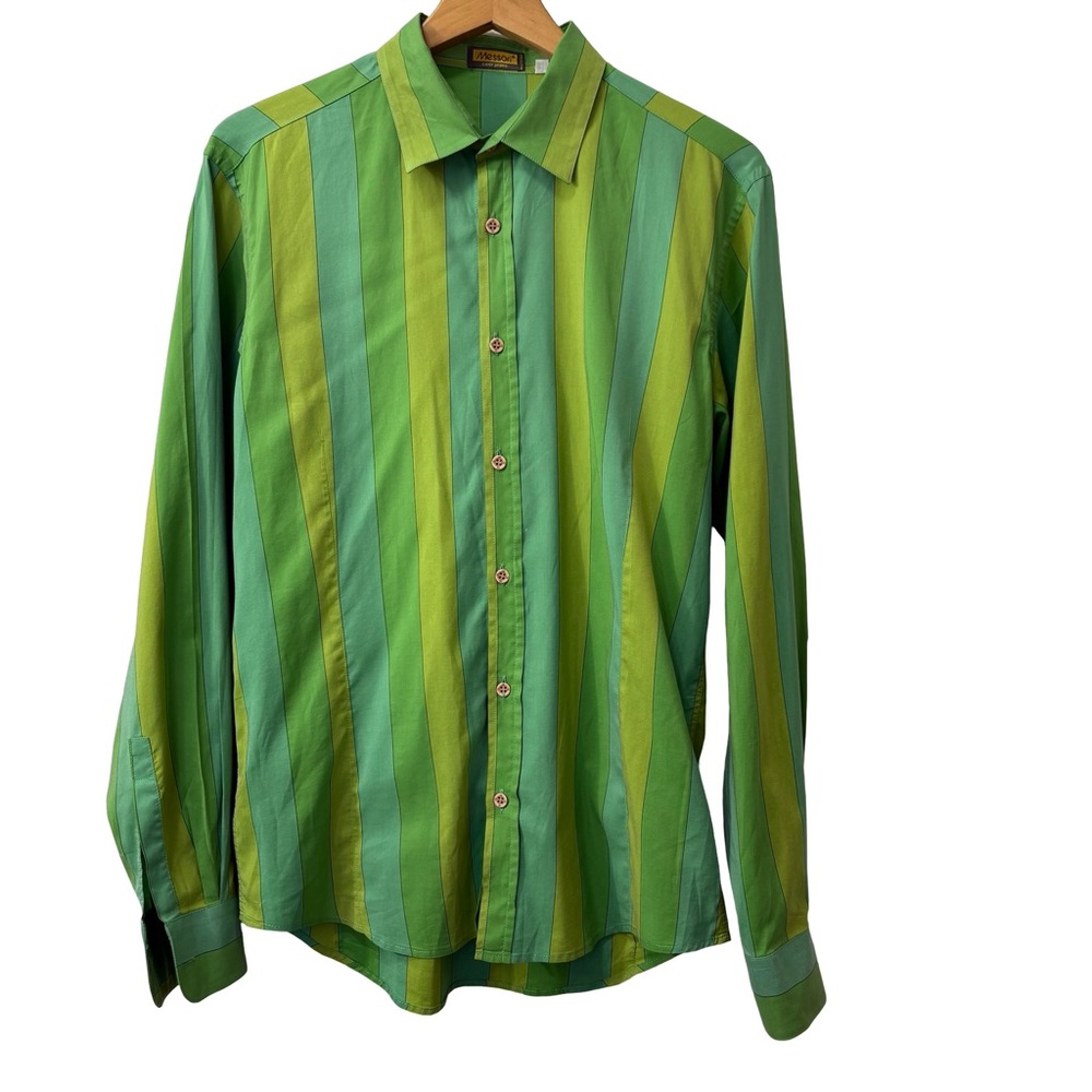 Messori Italian Button Down Shirt Silk Green Stripes Artsy Retro Size M